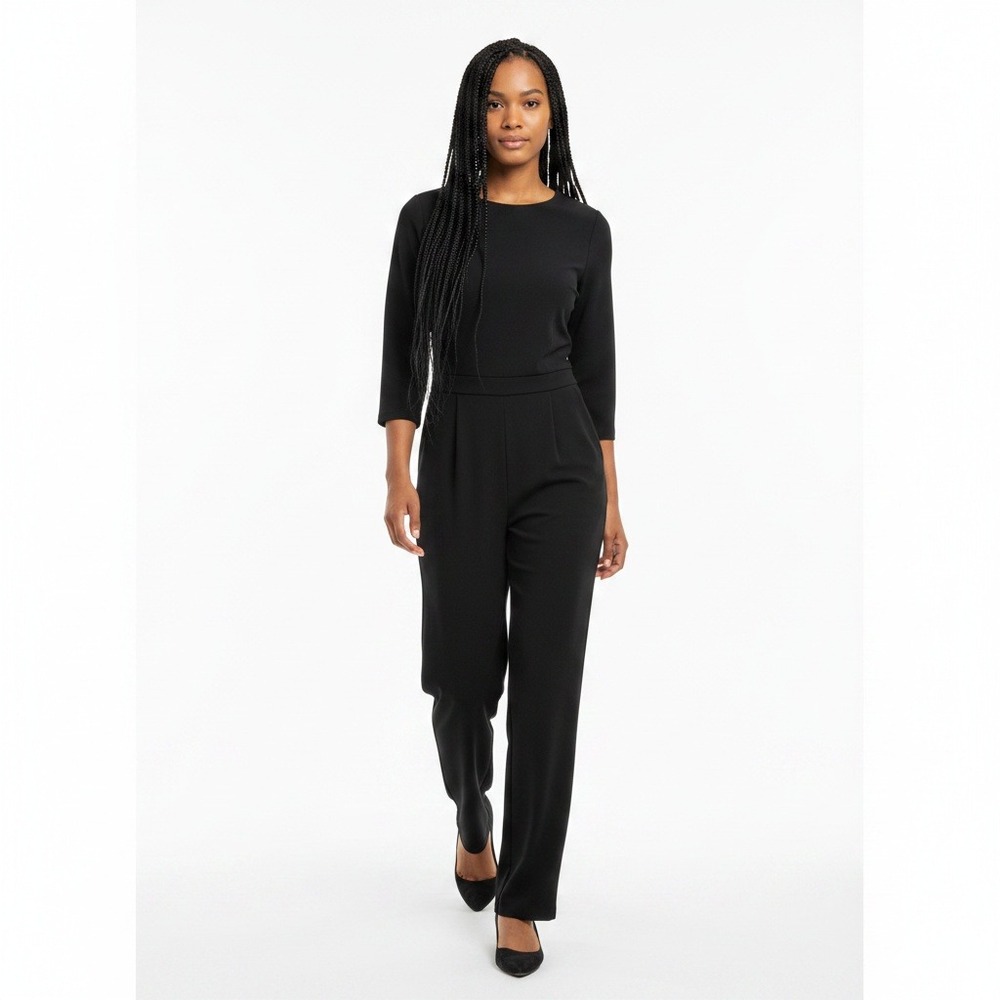 Madewell Black 3/4 Sleeve Crepe Jumpsuit Crew Neck Pleated Pocket E4197 Size 0